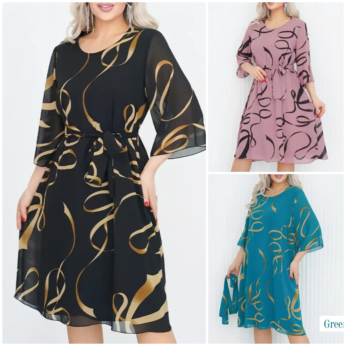 🌷Elegancka luźna sukienka midi z marszczonymi rękawami