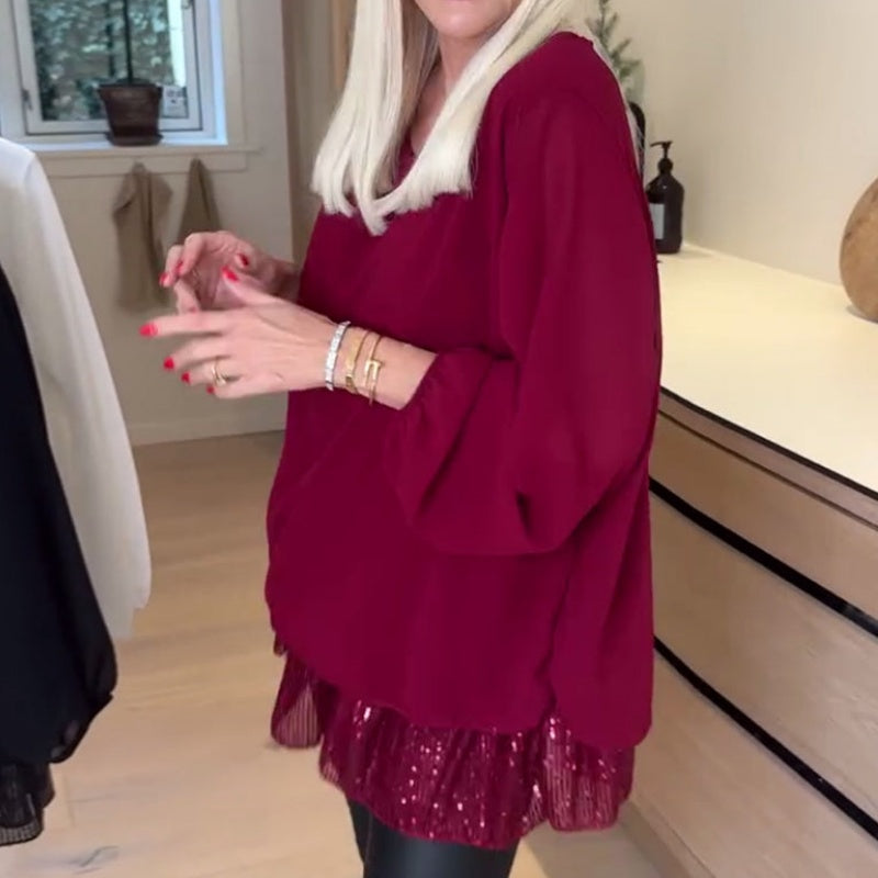 Elegancka bluzka damska z okrągłym dekoltem i cekinowym obszyciem